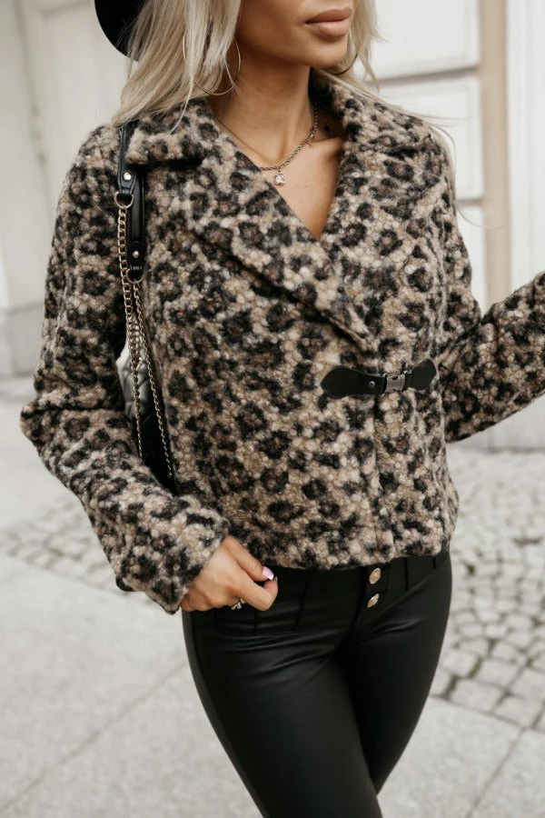 Animal Print Woolen Notch Collar Coat - Image 4