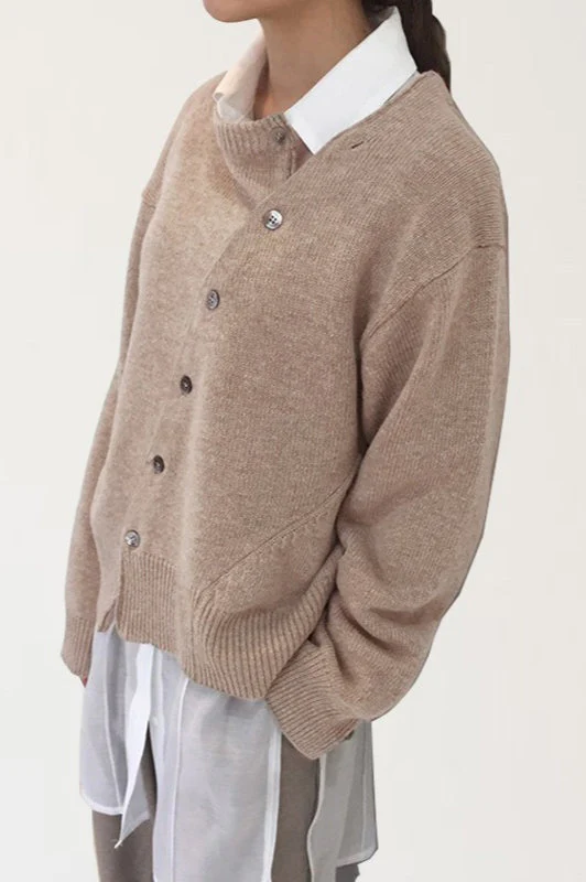 Asymmetrical Button Round Neck Knit Sweater - Image 3