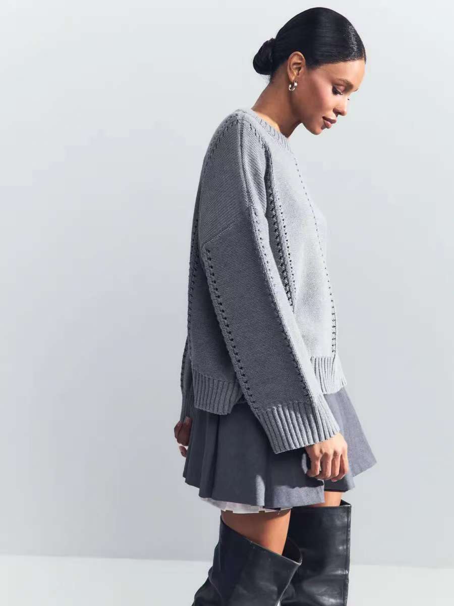 Casual Hollow Knit Crewneck Sweater - Image 3