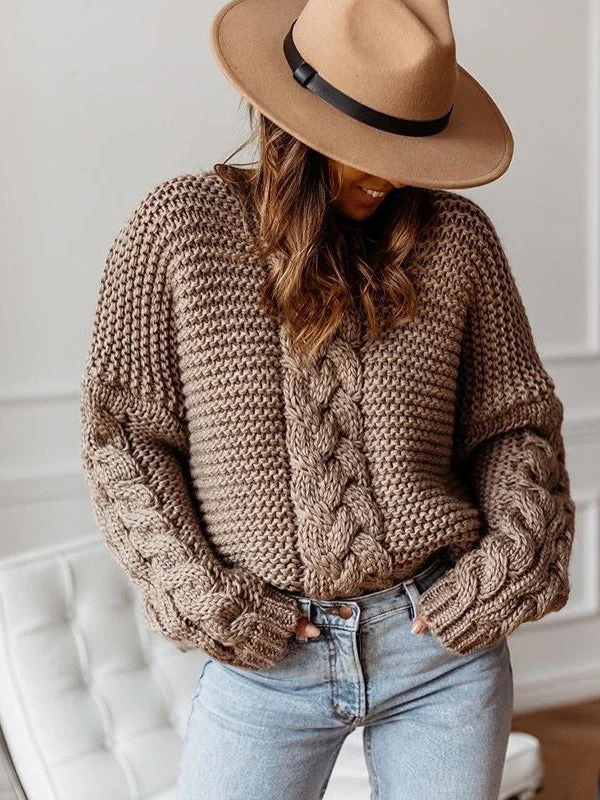 Casual Solid Color V-neck Cable Knit Sweater - Image 3
