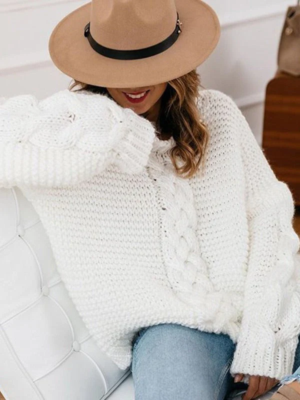 Casual Solid Color V-neck Cable Knit Sweater - Image 5