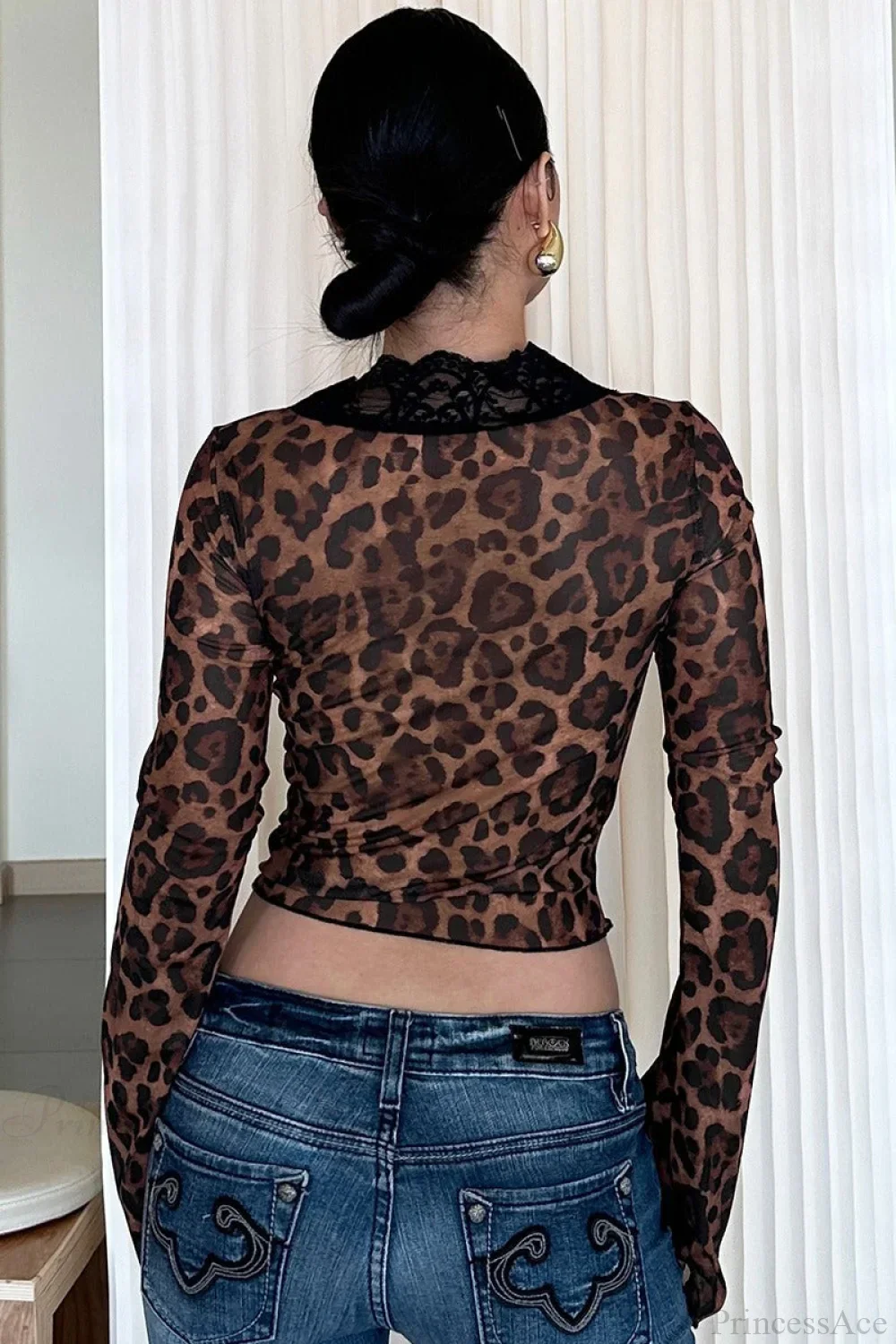 Chic Leopard Print Mesh Lace Trim Blouse - Image 4
