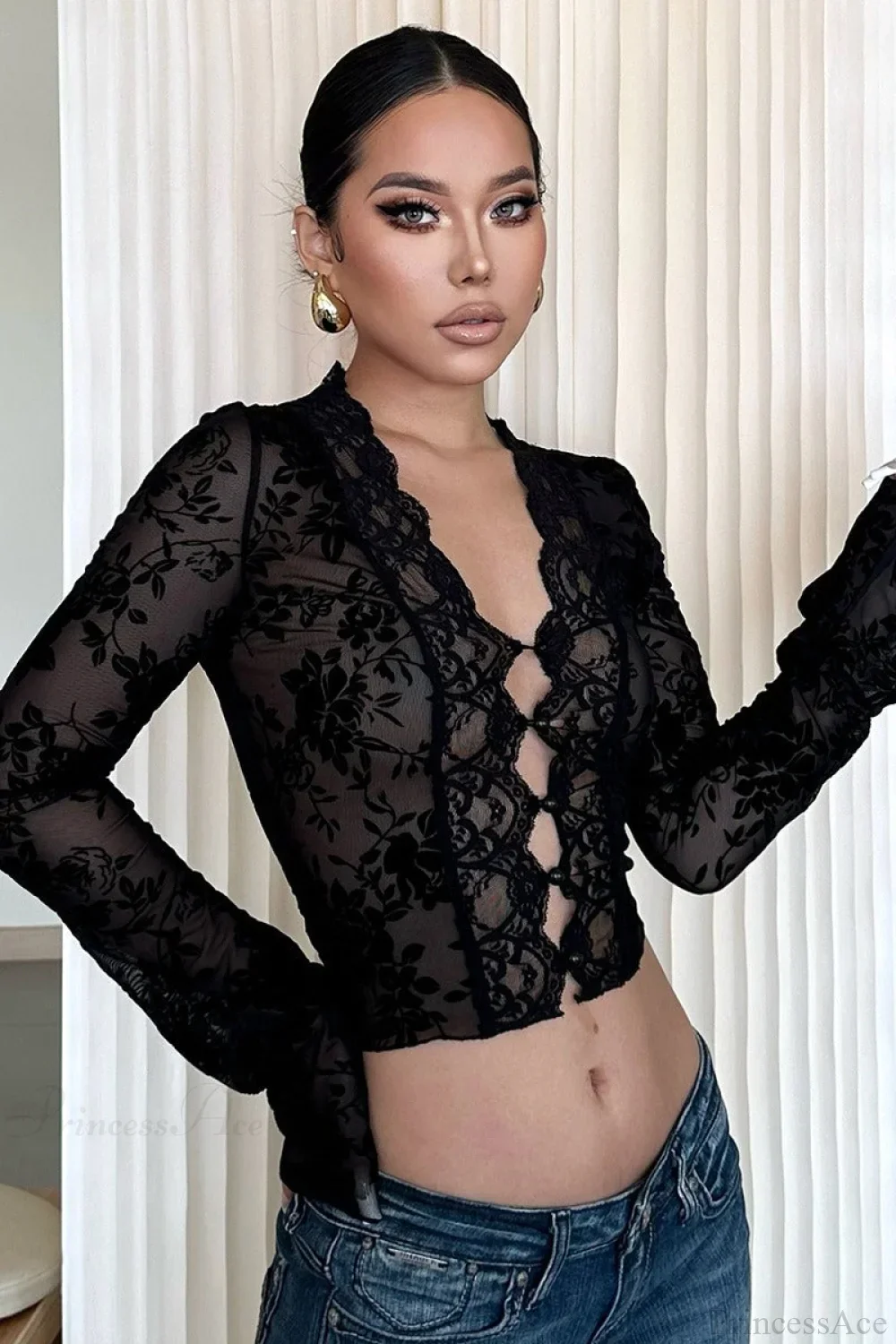 Chic Leopard Print Mesh Lace Trim Blouse - Image 6