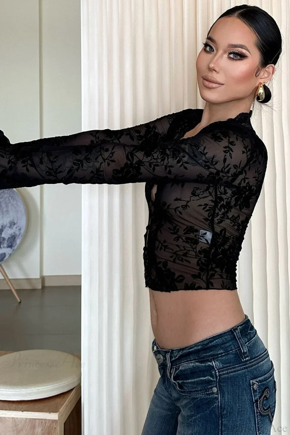 Chic Leopard Print Mesh Lace Trim Blouse - Image 7