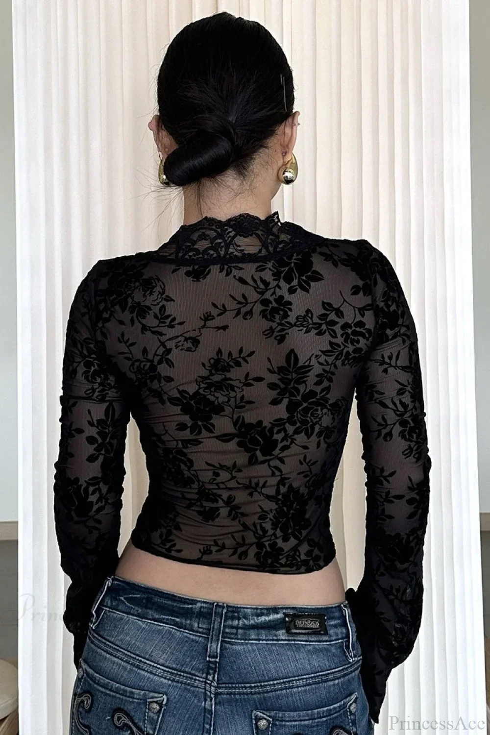 Chic Leopard Print Mesh Lace Trim Blouse - Image 8