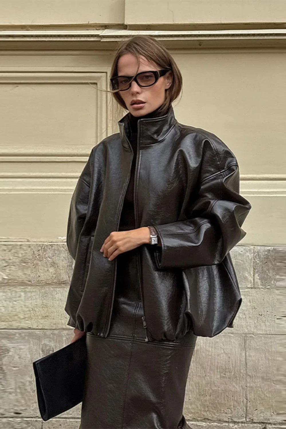Chic Solid Patent Leather Stand Collar Jacket Skirt Two Piece Set - Image 3