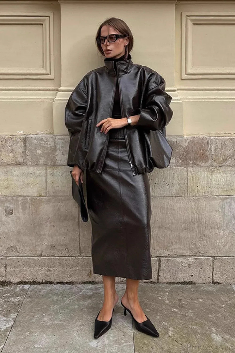 Chic Solid Patent Leather Stand Collar Jacket Skirt Two Piece Set - Image 4