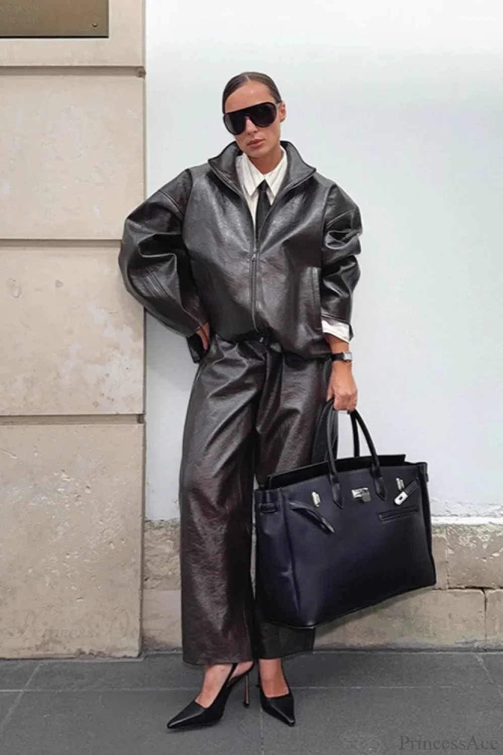 Chic Solid Patent Leather Stand Collar Jacket Skirt Two Piece Set - Image 5