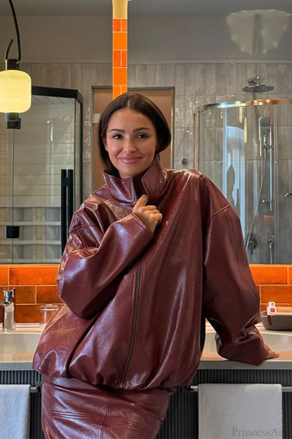 Chic Solid Patent Leather Stand Collar Jacket Skirt Two Piece Set - Image 6