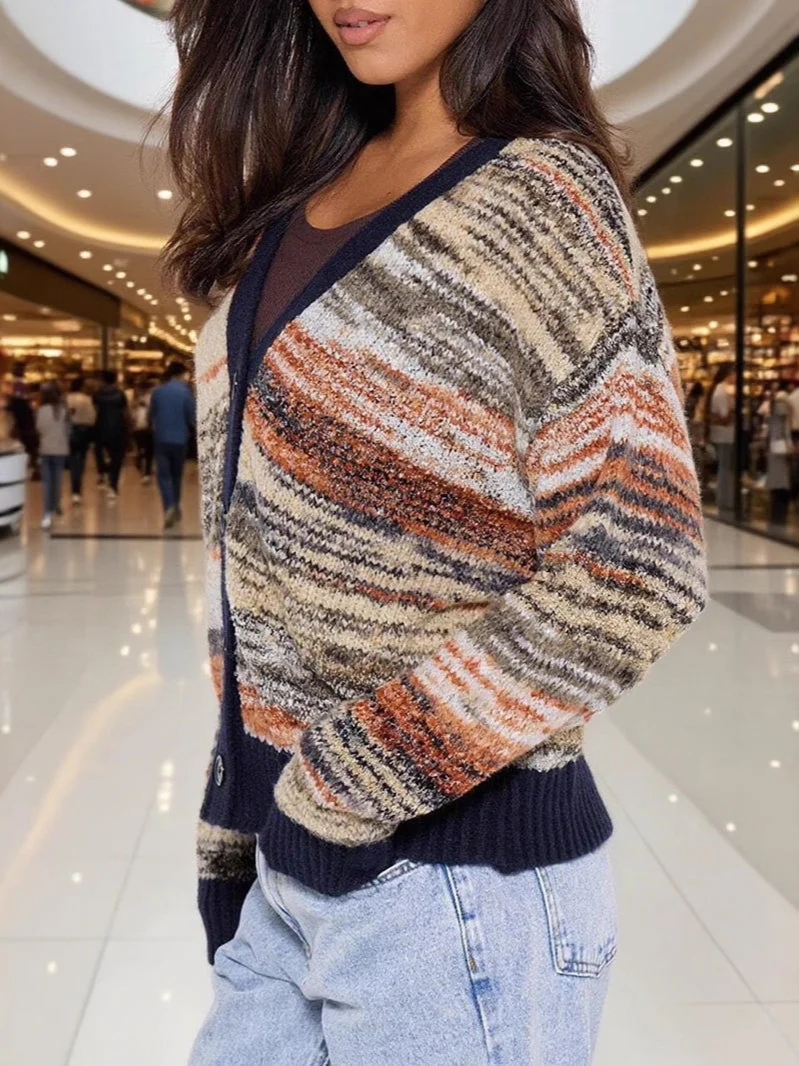 Color-Block Striped V-Neck Retro Knit Sweater - Image 3