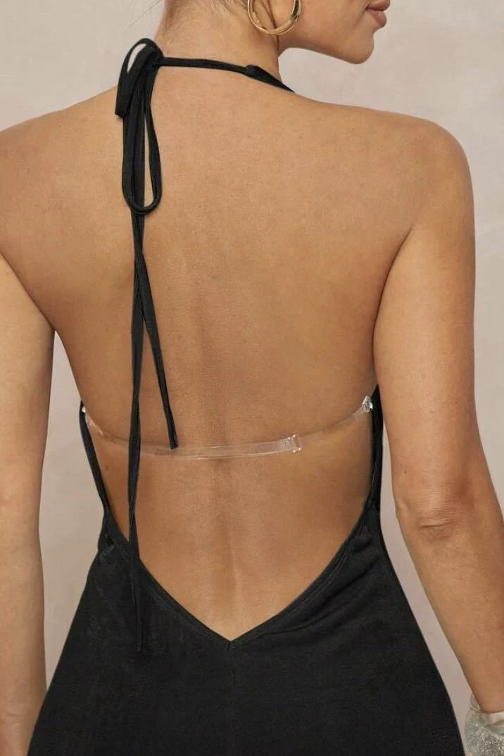 Deep V Halter Ruched Metal Trim Backless Maxi Dress - Image 10