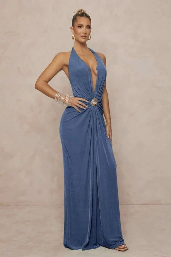 Deep V Halter Ruched Metal Trim Backless Maxi Dress - Image 13