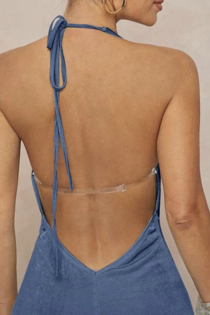 Deep V Halter Ruched Metal Trim Backless Maxi Dress - Image 14