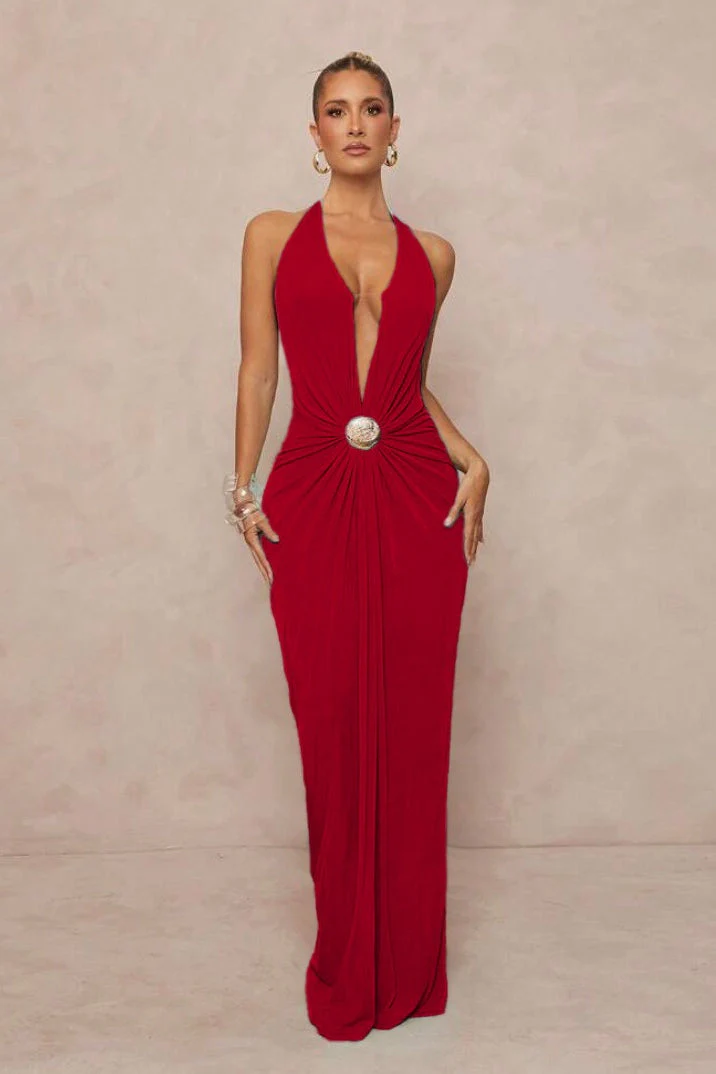 Deep V Halter Ruched Metal Trim Backless Maxi Dress - Image 16