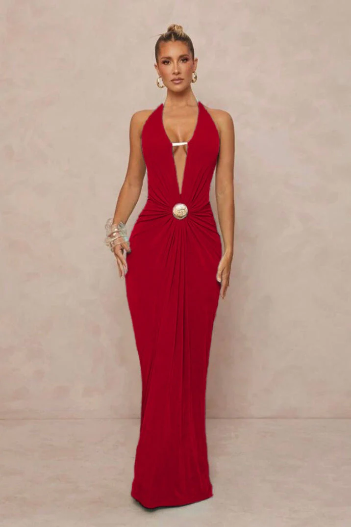 Deep V Halter Ruched Metal Trim Backless Maxi Dress - Image 17