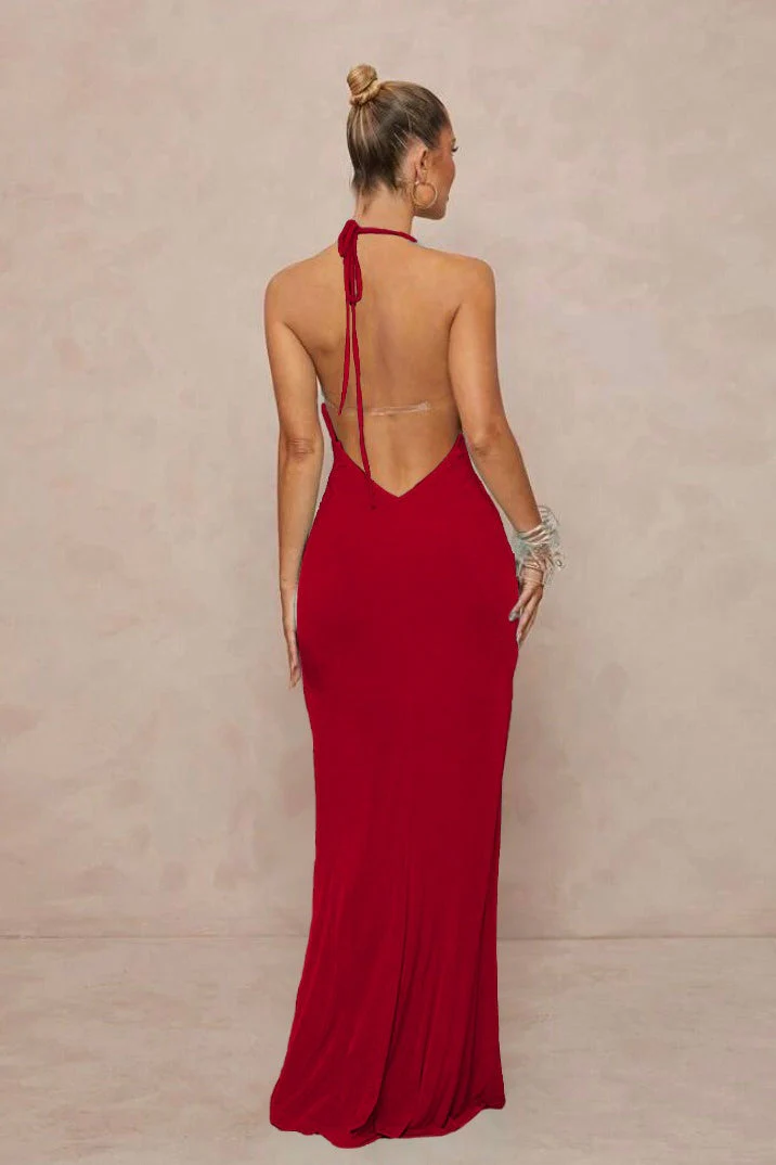 Deep V Halter Ruched Metal Trim Backless Maxi Dress - Image 18