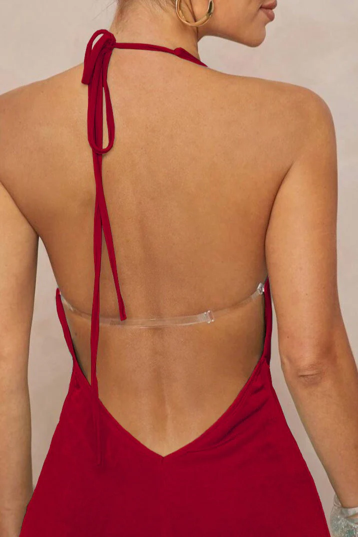 Deep V Halter Ruched Metal Trim Backless Maxi Dress - Image 20