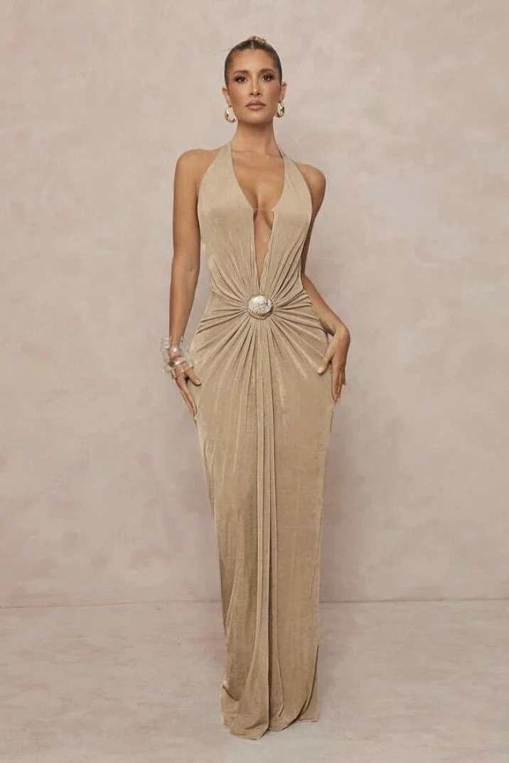 Deep V Halter Ruched Metal Trim Backless Maxi Dress - Image 21