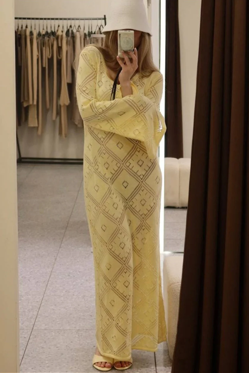 Knit Argyle Jacquard Long Sleeve Maxi Dress - Image 12