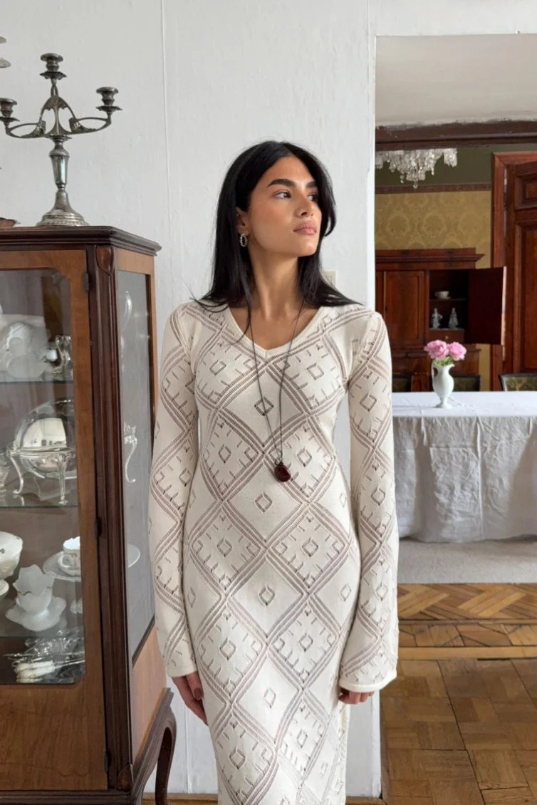Knit Argyle Jacquard Long Sleeve Maxi Dress - Image 3