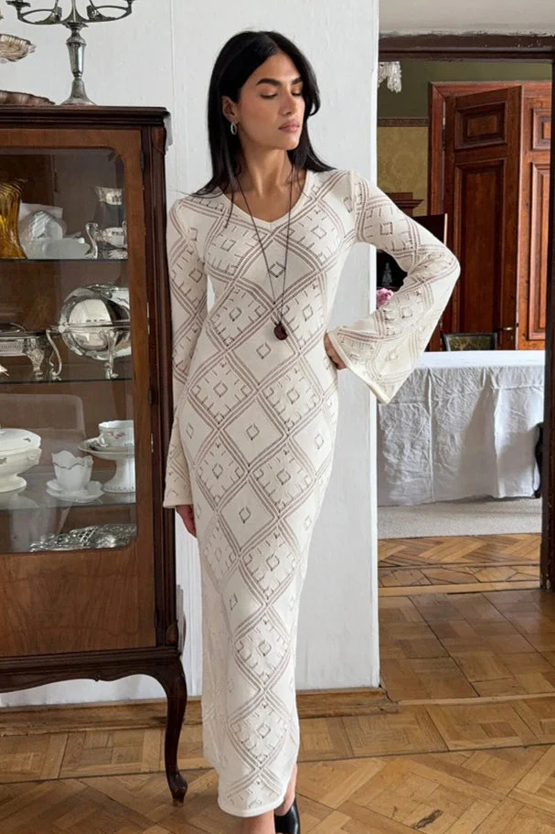 Knit Argyle Jacquard Long Sleeve Maxi Dress - Image 4