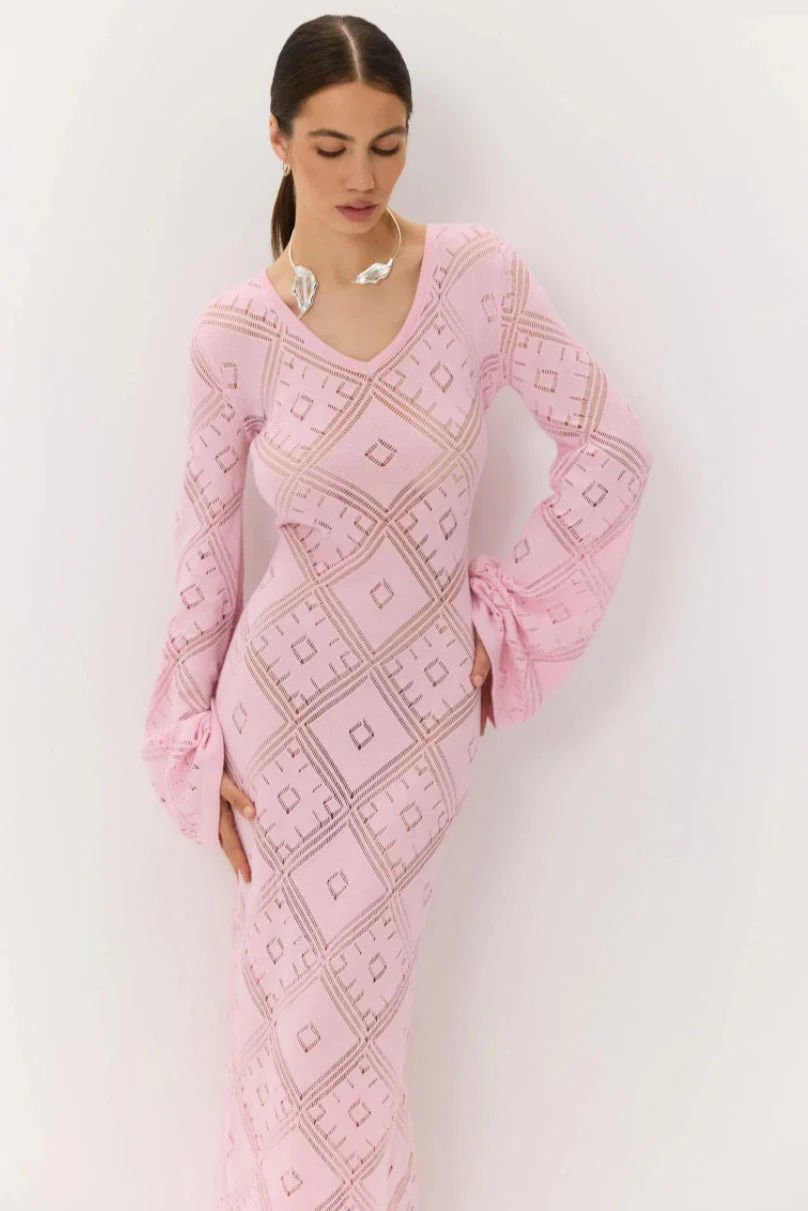 Knit Argyle Jacquard Long Sleeve Maxi Dress - Image 5
