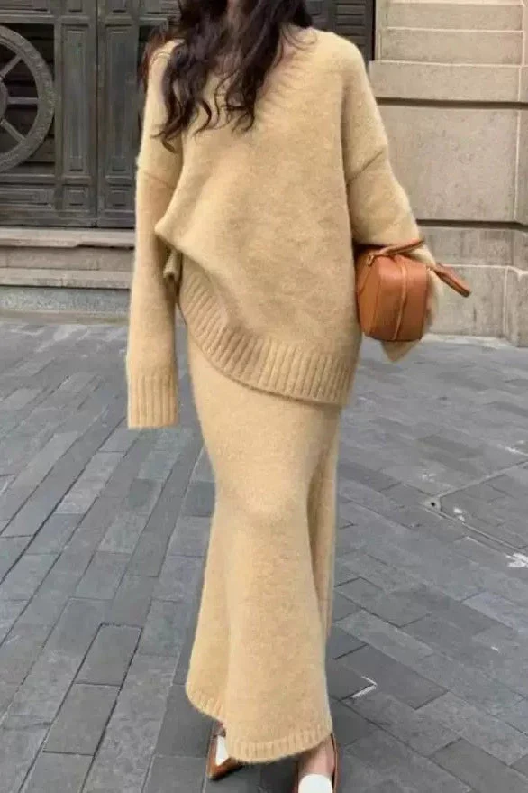 Lazy V-neck Knit Sweater Mermaid Skirt Two Piece Set - Image 10