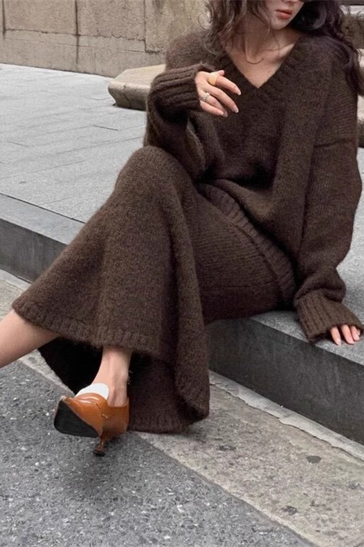 Lazy V-neck Knit Sweater Mermaid Skirt Two Piece Set - Image 4