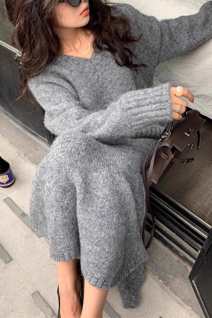 Lazy V-neck Knit Sweater Mermaid Skirt Two Piece Set - Image 6