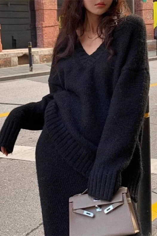 Lazy V-neck Knit Sweater Mermaid Skirt Two Piece Set - Image 8