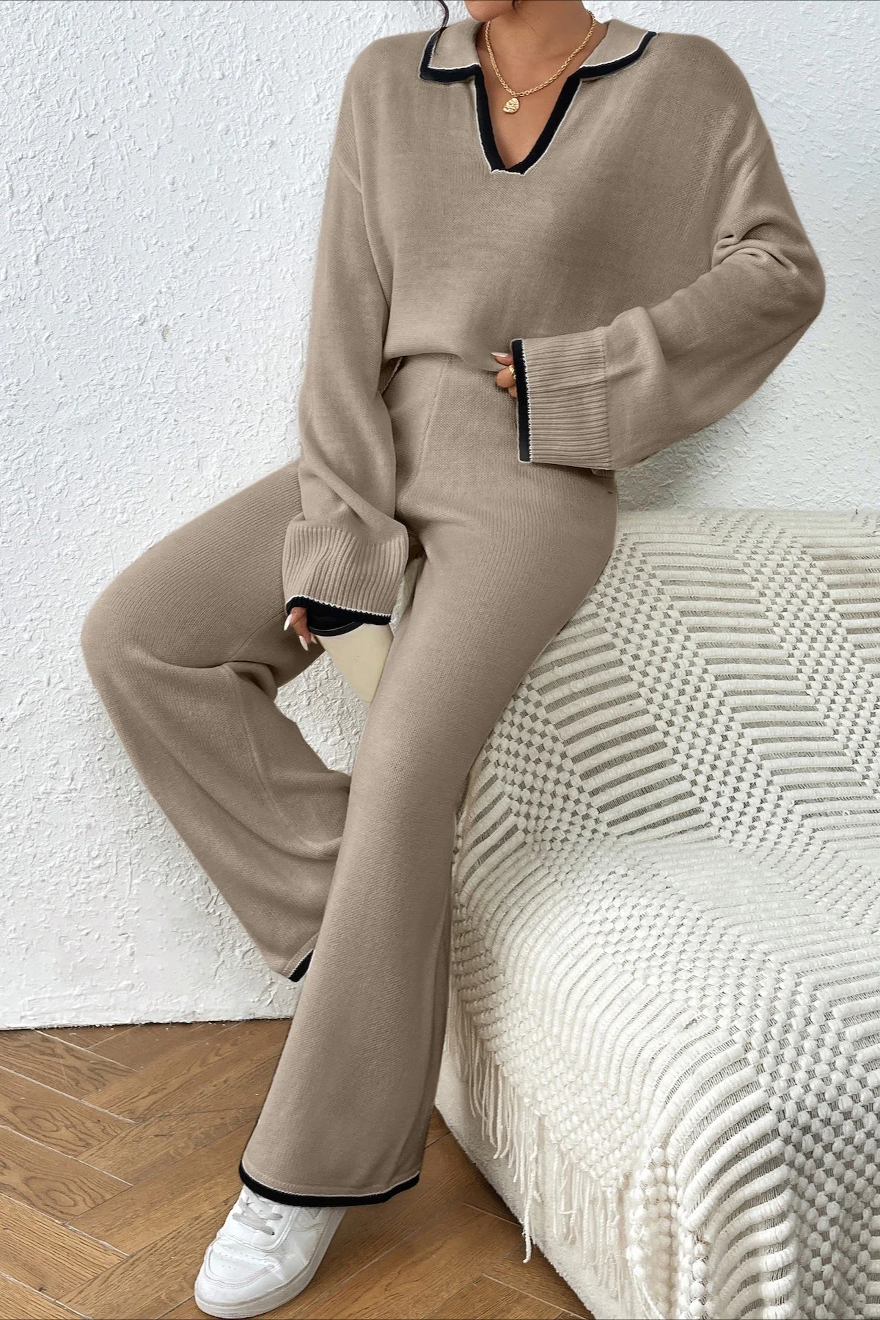 Lazy V-neck Knit Wide-Leg Pants Two Piece Set - Image 6