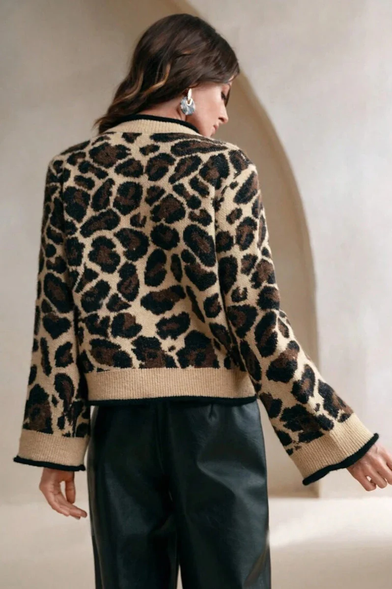 Leopard Print Loose Fit Tie-Front Knit Sweater - Image 3