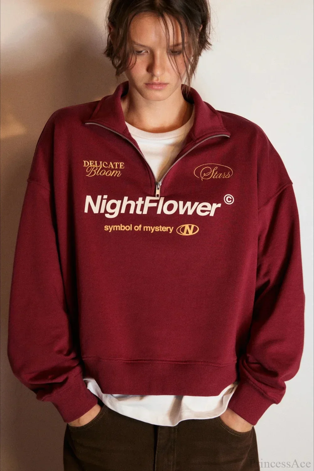 Letter Print Half Zip Stand Collar Loose Sweatshirt - Image 12