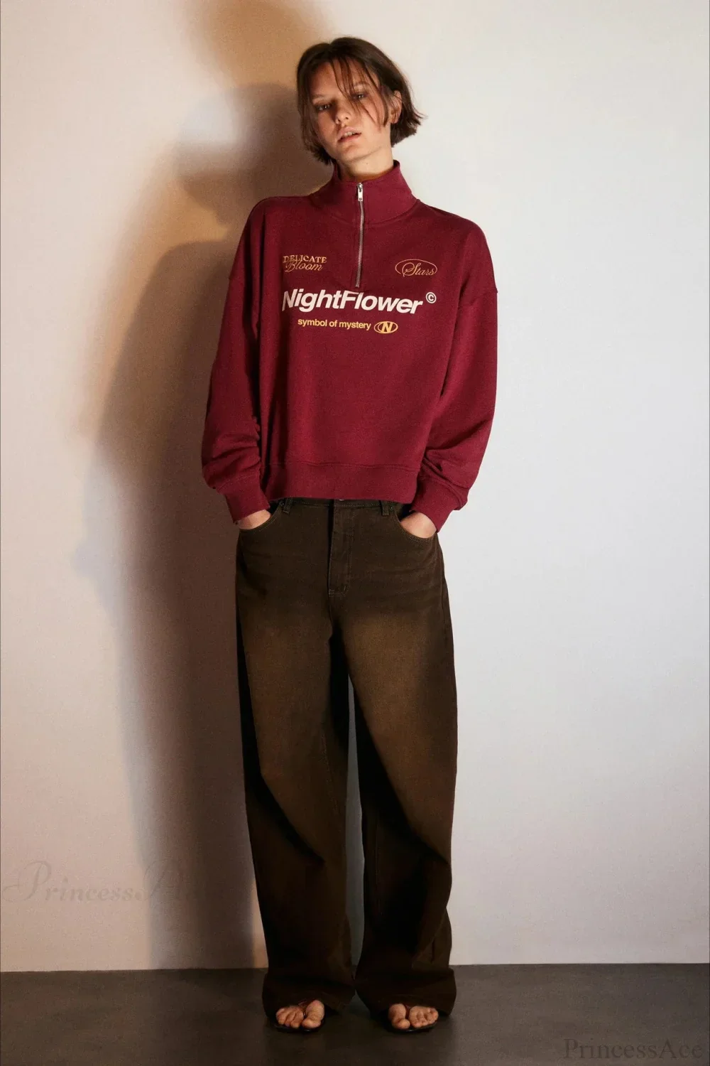 Letter Print Half Zip Stand Collar Loose Sweatshirt - Image 15