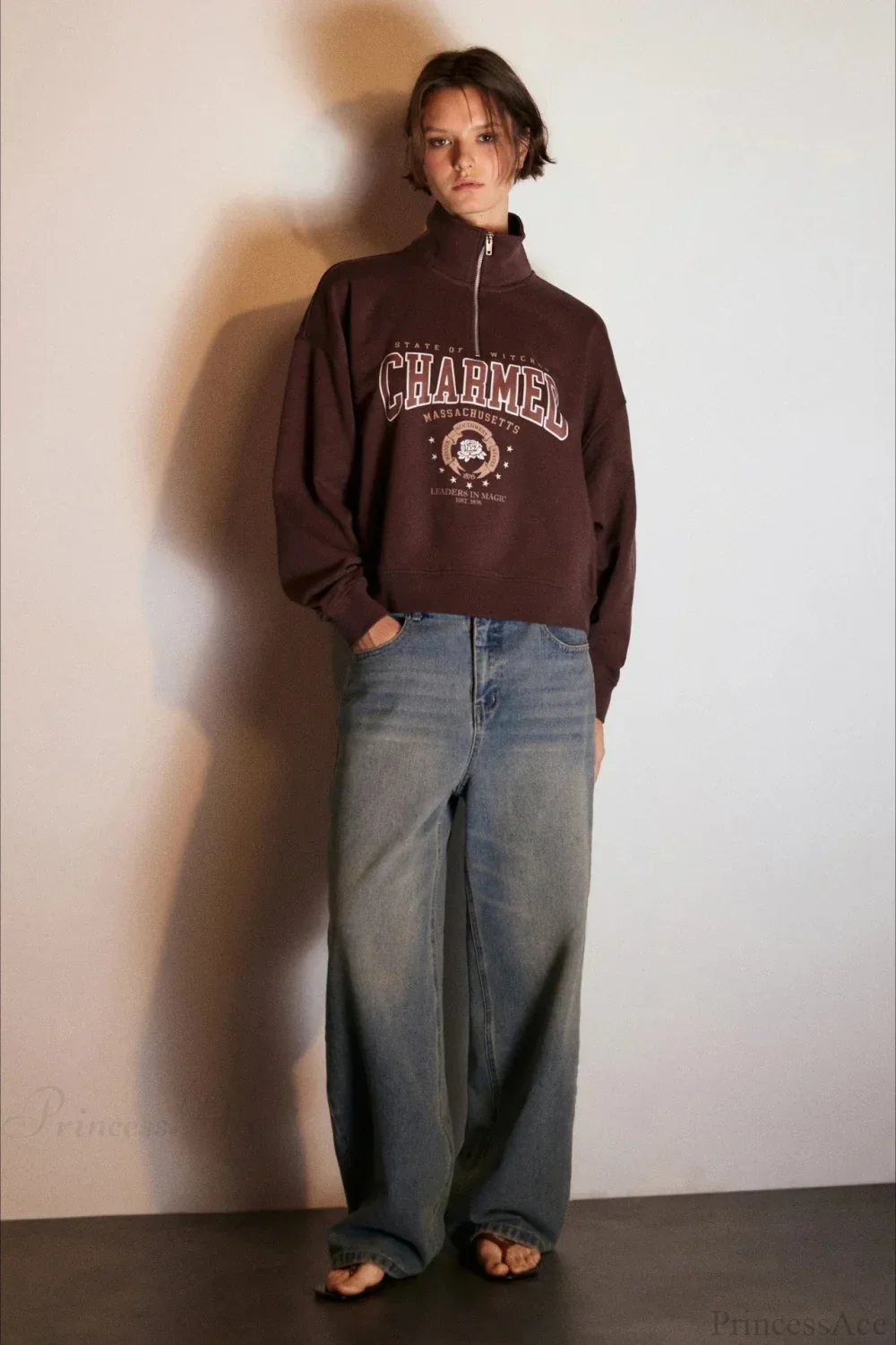 Letter Print Half Zip Stand Collar Loose Sweatshirt - Image 9