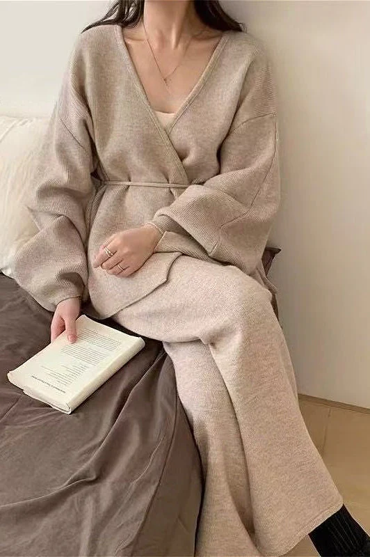 Loose Belted Knit Cardigan Wide-Leg Pants Two Piece Set - Image 3