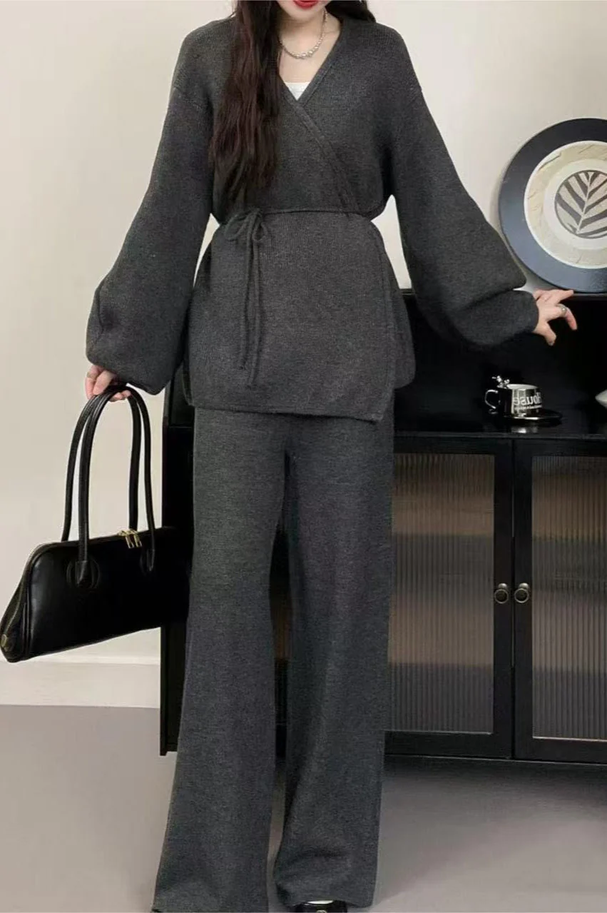 Loose Belted Knit Cardigan Wide-Leg Pants Two Piece Set - Image 6