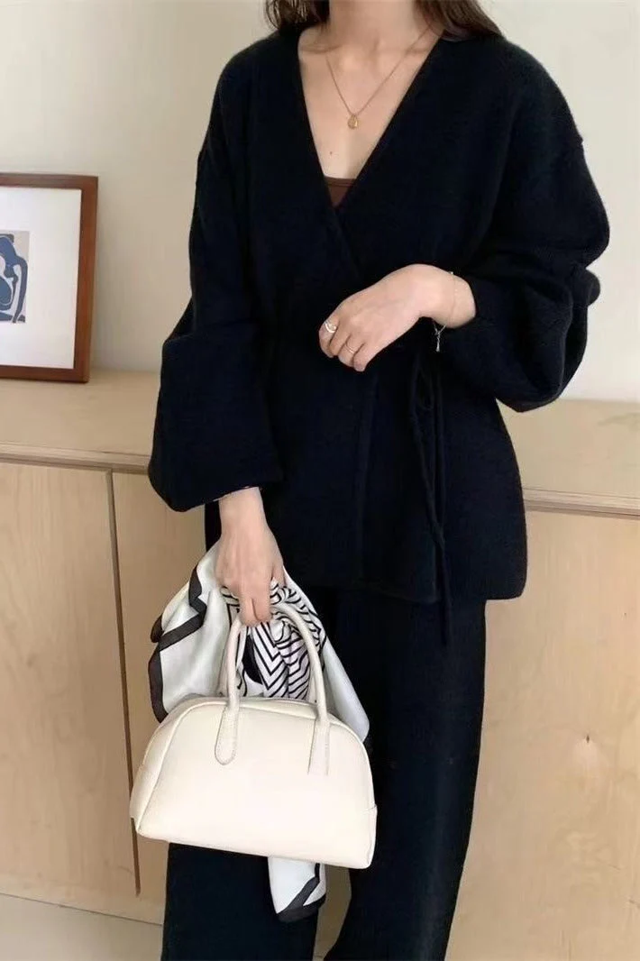 Loose Belted Knit Cardigan Wide-Leg Pants Two Piece Set - Image 7