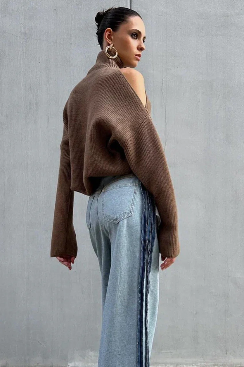 Off-Shoulder Turtleneck Knit Sweater - Image 3