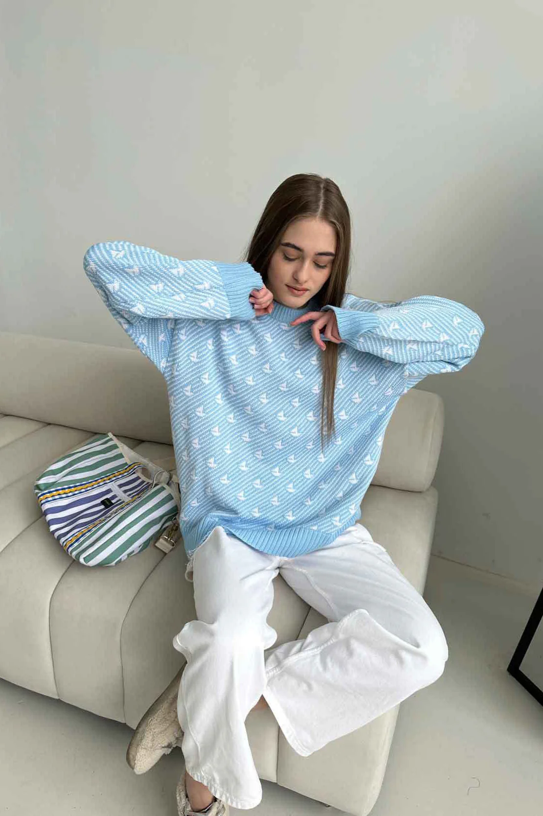 Sailboat Pattern Crew Neck Knit Sweater - Image 11