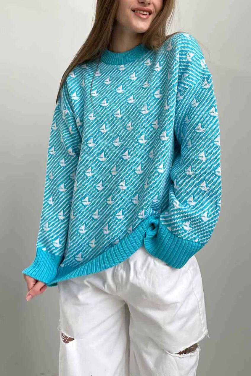 Sailboat Pattern Crew Neck Knit Sweater - Image 6
