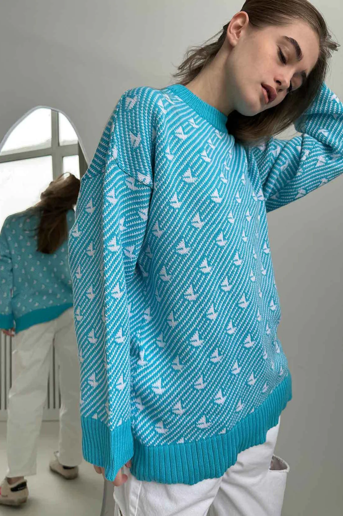 Sailboat Pattern Crew Neck Knit Sweater - Image 7