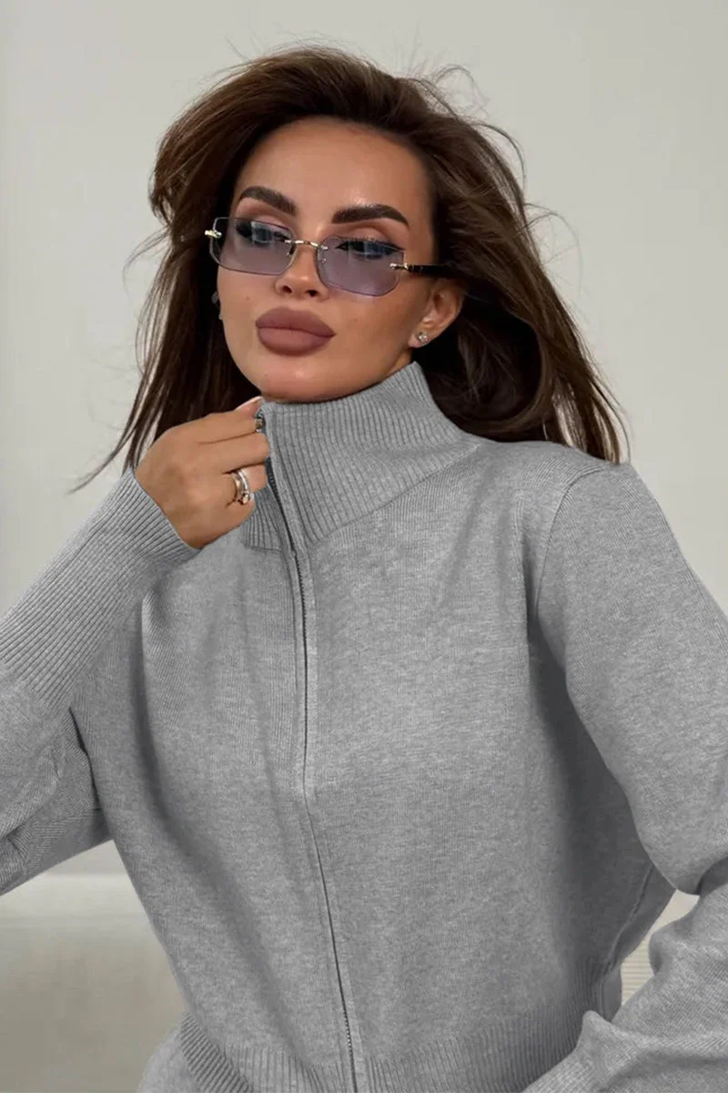 Two-Way Zipper Fitted Knit Commuter Two Piece Set - Image 20