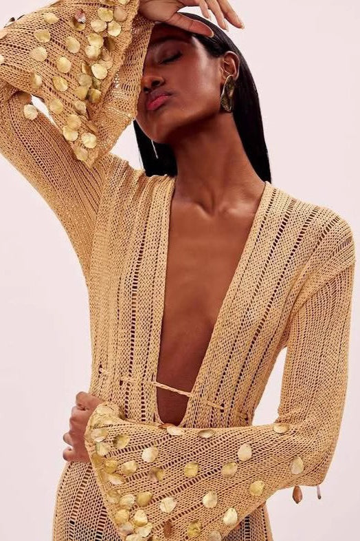 V Neck Belted Sequin Knit Maxi Dress - Image 3