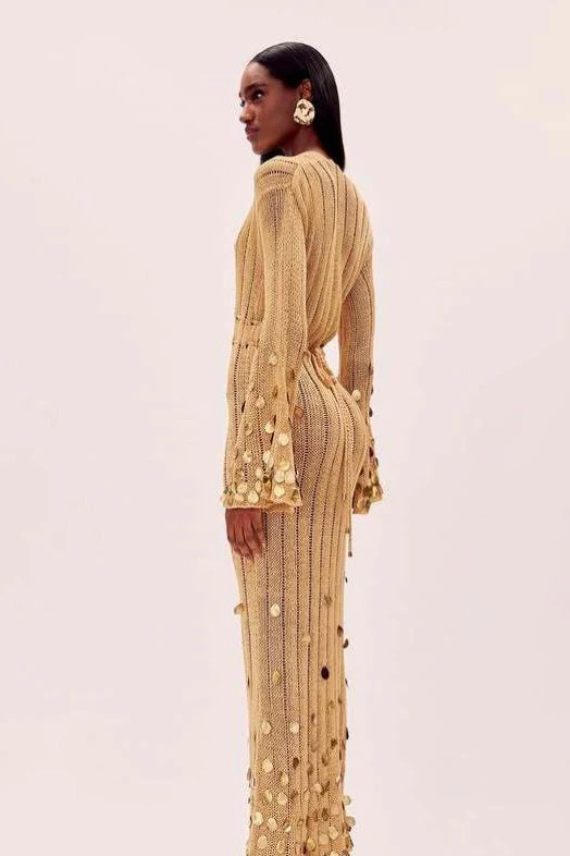 V Neck Belted Sequin Knit Maxi Dress - Image 4