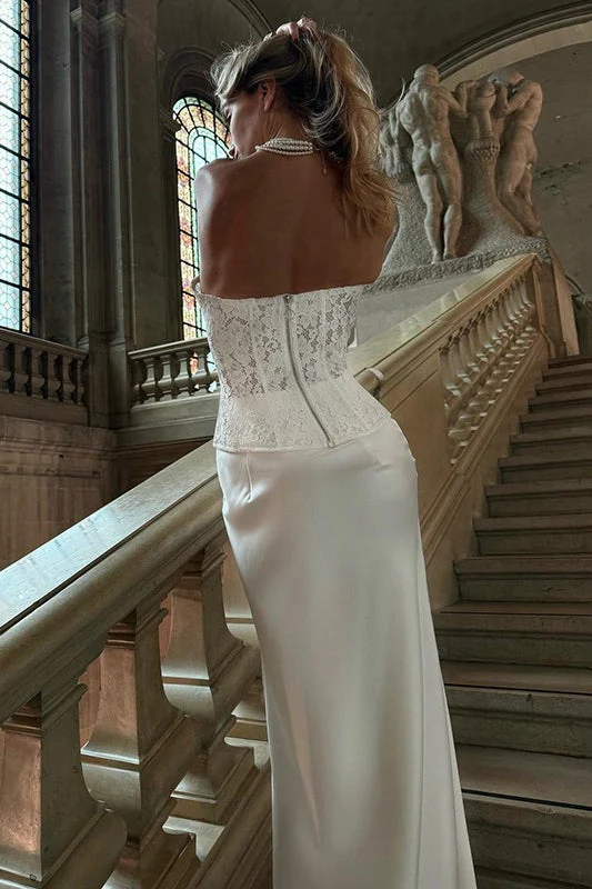 Vintage Lace Strapless Boned Solid Fitted Bodycon Maxi Dress - Image 5