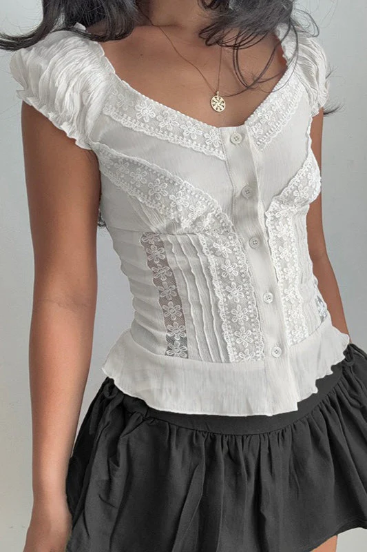 Vintage Lace V Neck Button Puff Sleeve Tank Top - Image 3